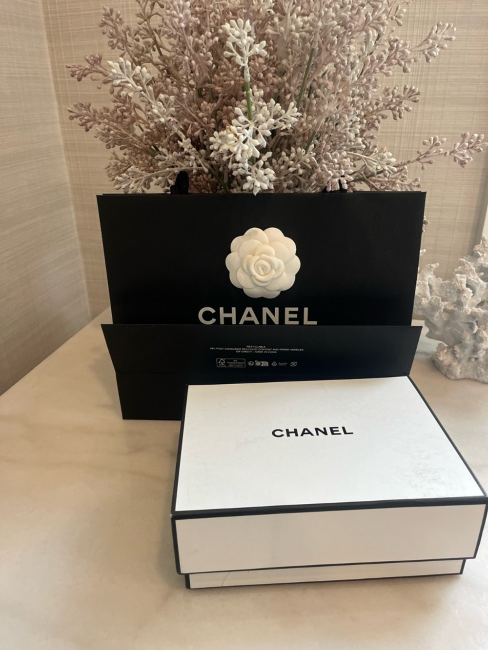 CHANEL Black Shopping Bag with White Logo and Ribbon